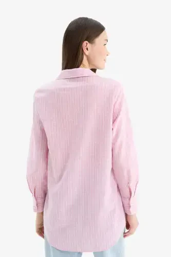 Regular Fit Striped Flannel Cotton Long Sleeve Shirt Tunic-Light Pink - 6
