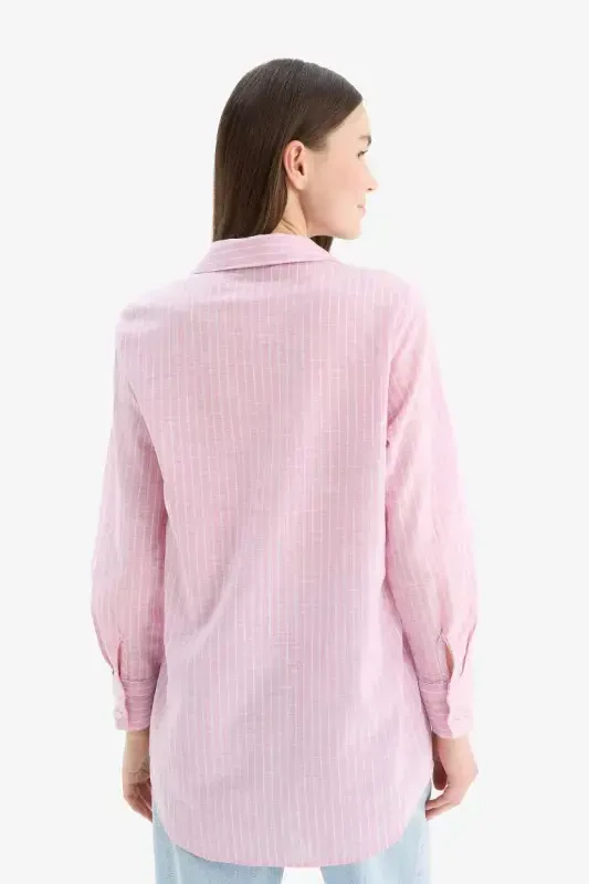 Regular Fit Striped Flannel Cotton Long Sleeve Shirt Tunic-Light Pink - 6