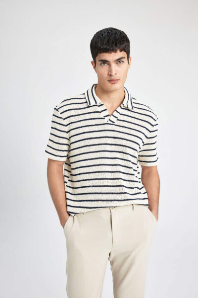 Regular Fit Striped Short Sleeve Polo Shirt Ecru - 1