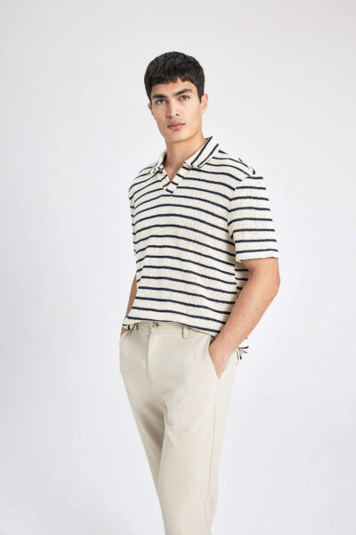 Regular Fit Striped Short Sleeve Polo Shirt Ecru - 3