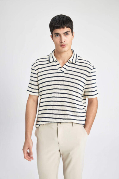 Regular Fit Striped Short Sleeve Polo Shirt Ecru - 4