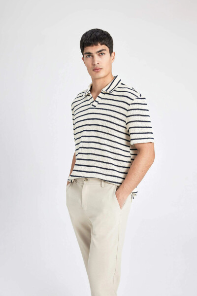 Regular Fit Striped Short Sleeve Polo Shirt Ecru - 8