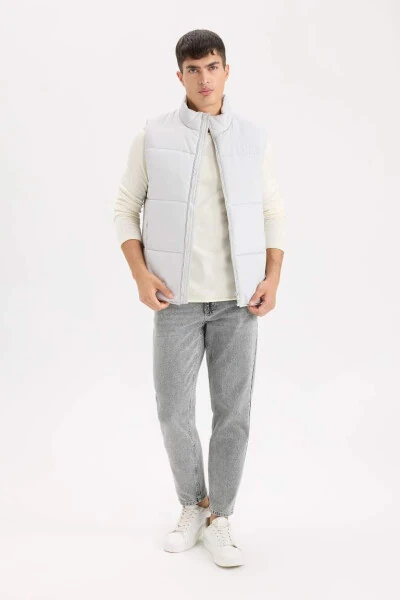 Regular Fit Tik Yoqali Fermuarli Shishirilgan Nimcha Och Kulrang - DEFACTO (1)