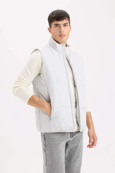 Regular Fit Tik Yoqali Fermuarli Shishirilgan Nimcha Och Kulrang - 3