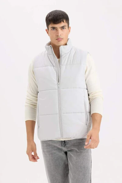 Regular Fit Tik Yoqali Fermuarli Shishirilgan Nimcha Och Kulrang - 4