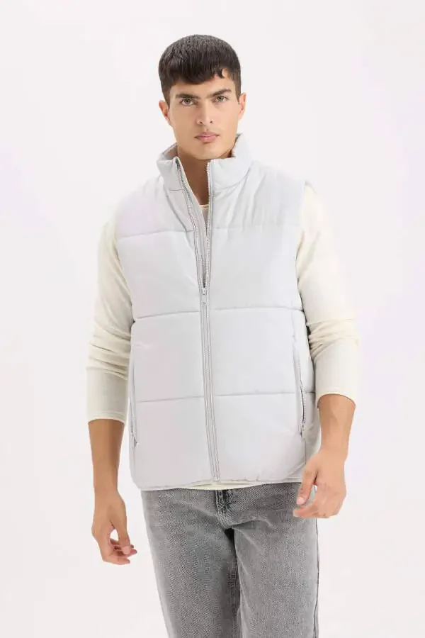 Regular Fit Tik Yoqali Fermuarli Shishirilgan Nimcha Och Kulrang - 4