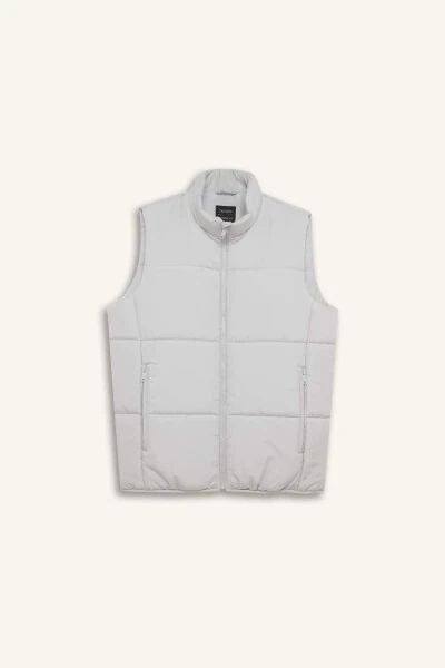 Regular Fit Tik Yoqali Fermuarli Shishirilgan Nimcha Och Kulrang - 8