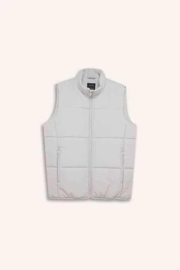 Regular Fit Tik Yoqali Fermuarli Shishirilgan Nimcha Och Kulrang - 8