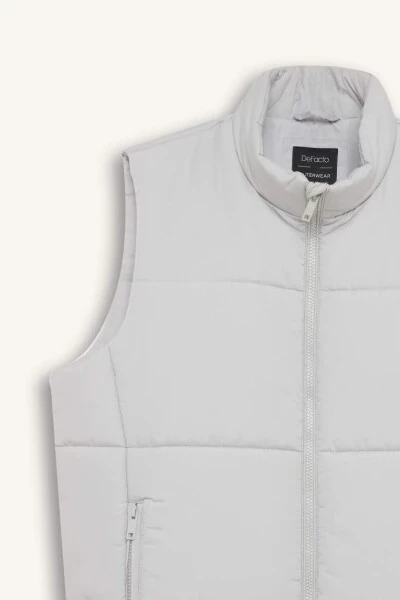 Regular Fit Tik Yoqali Fermuarli Shishirilgan Nimcha Och Kulrang - 9