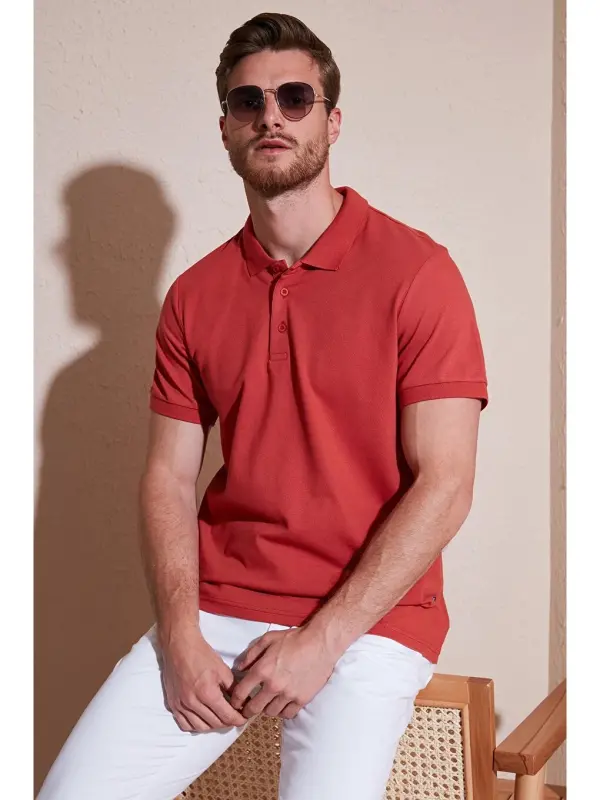 Regular Fit Tugmali Polo Yaka Erkak Ko'ylak 5902127-Jigarrang - 2