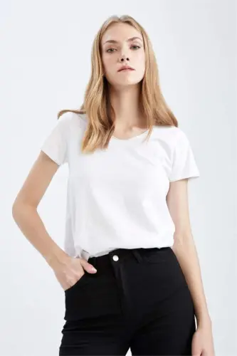 Regular Fit V bo'yinli Basic tekis qisqa yengli %100 paxta futbolka - Oq - 1