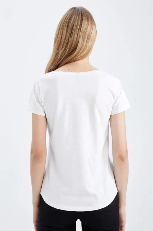 Regular Fit V bo'yinli Basic tekis qisqa yengli %100 paxta futbolka - Oq - 8