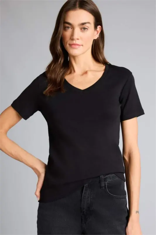 Regular Fit V Neck Basic Plain 100% Cotton Short Sleeve T-Shirt-Black - 1