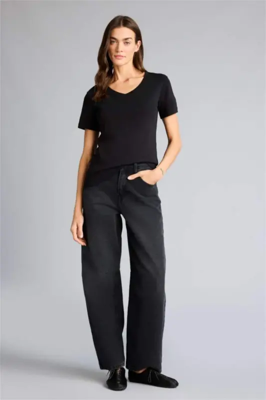 Regular Fit V Neck Basic Plain 100% Cotton Short Sleeve T-Shirt-Black - 2