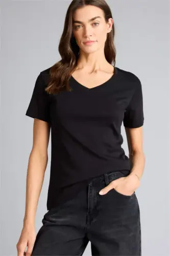 Regular Fit V Neck Basic Plain 100% Cotton Short Sleeve T-Shirt-Black - 3