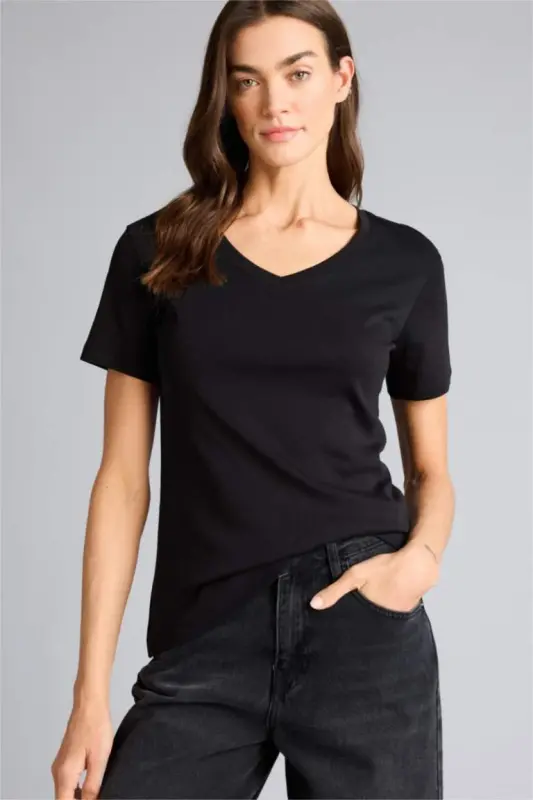 Regular Fit V Neck Basic Plain 100% Cotton Short Sleeve T-Shirt-Black - 3