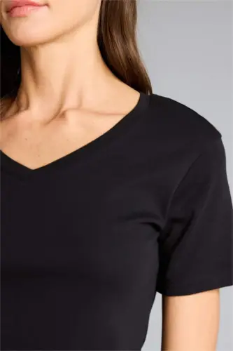 Regular Fit V Neck Basic Plain 100% Cotton Short Sleeve T-Shirt-Black - 4