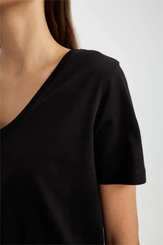 Regular Fit V Neck Basic Plain 100% Cotton Short Sleeve T-Shirt-Black - 4