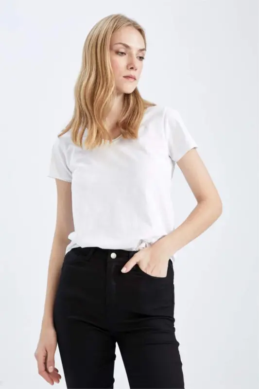 Regular Fit V Neck Basic Plain Short Sleeve 100% Cotton T-Shirt-White - 3
