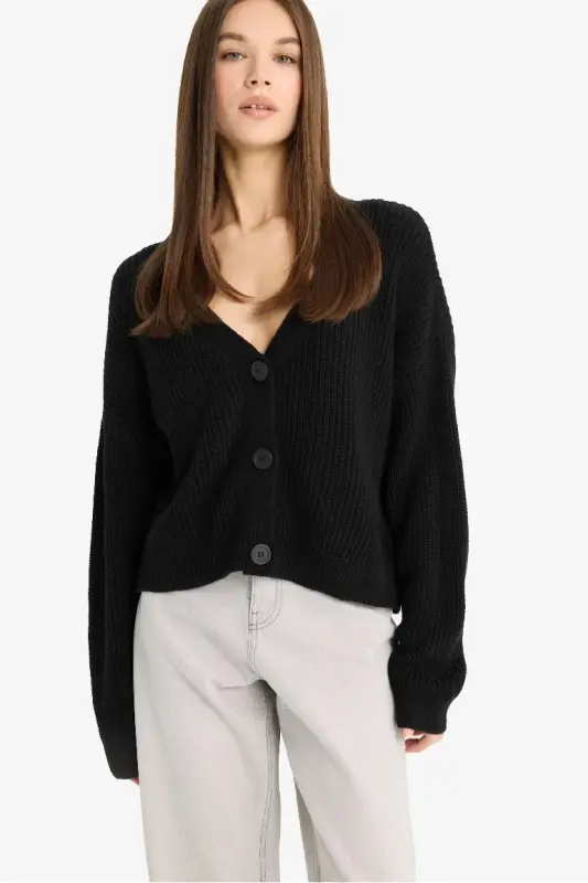 Regular Fit V-Neck Buttoned Knit Cardigan-Black - DEFACTO