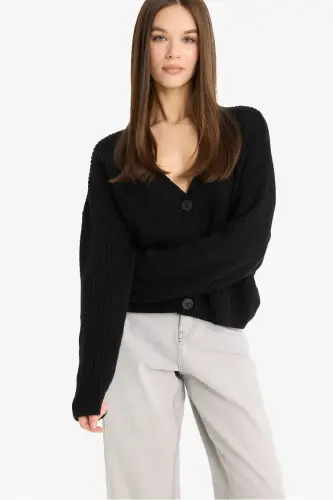 Regular Fit V-Neck Buttoned Knit Cardigan-Black - 3