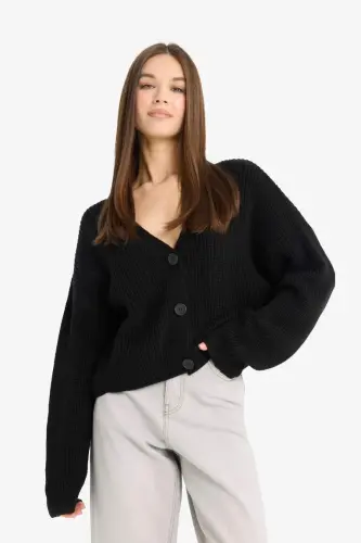Regular Fit V-Neck Buttoned Knit Cardigan-Black - 4