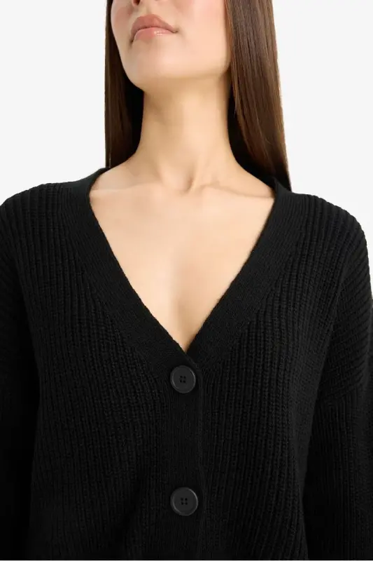 Regular Fit V-Neck Buttoned Knit Cardigan-Black - 5