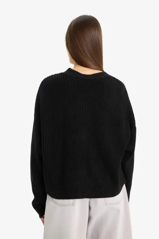 Regular Fit V-Neck Buttoned Knit Cardigan-Black - 6