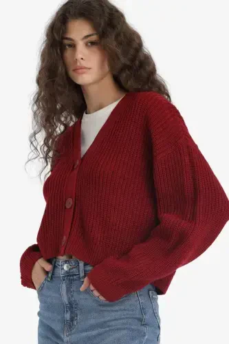 Regular Fit V-Neck Buttoned Knit Cardigan-Burgundy - 1