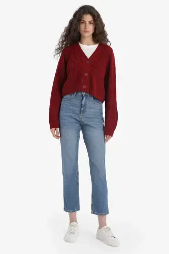 Regular Fit V-Neck Buttoned Knit Cardigan-Burgundy - DEFACTO (1)