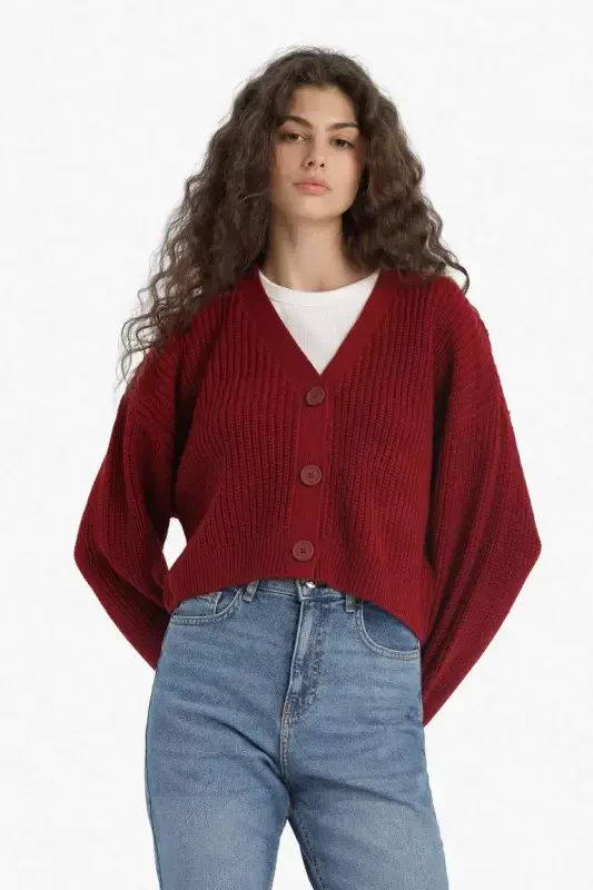Regular Fit V-Neck Buttoned Knit Cardigan-Burgundy - 4