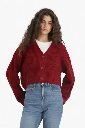 Regular Fit V-Neck Buttoned Knit Cardigan-Burgundy - 5