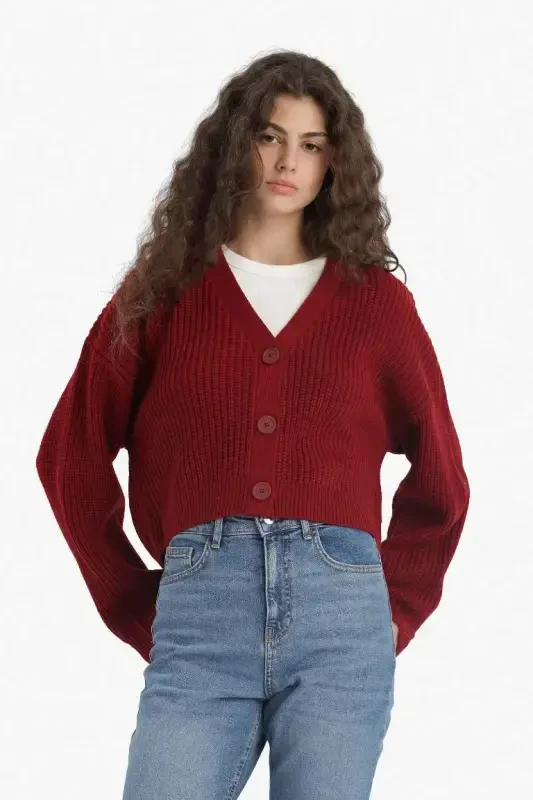 Regular Fit V-Neck Buttoned Knit Cardigan-Burgundy - 5