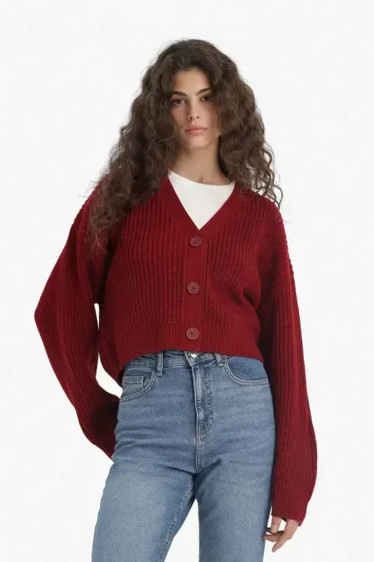 Regular Fit V-Neck Buttoned Knit Cardigan-Burgundy - 6