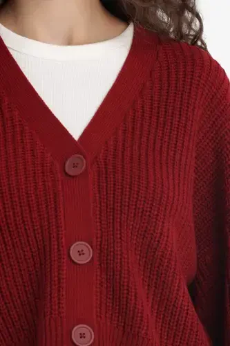 Regular Fit V-Neck Buttoned Knit Cardigan-Burgundy - 7