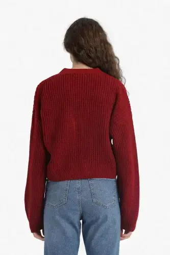 Regular Fit V-Neck Buttoned Knit Cardigan-Burgundy - 8