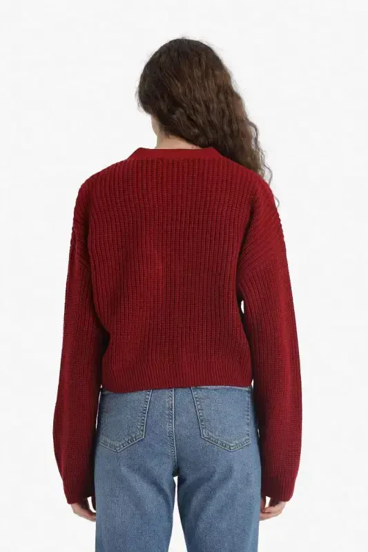 Regular Fit V-Neck Buttoned Knit Cardigan-Burgundy - 8