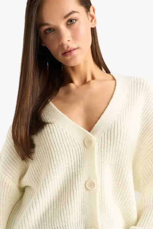 Regular Fit V-Neck Buttoned Knit Cardigan-Ecru - 1