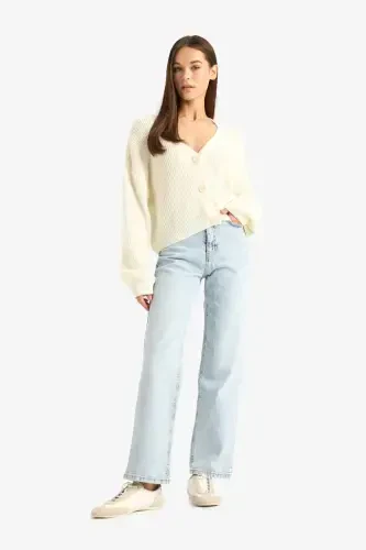 Regular Fit V-Neck Buttoned Knit Cardigan-Ecru - DEFACTO (1)