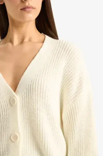 Regular Fit V-Neck Buttoned Knit Cardigan-Ecru - 5