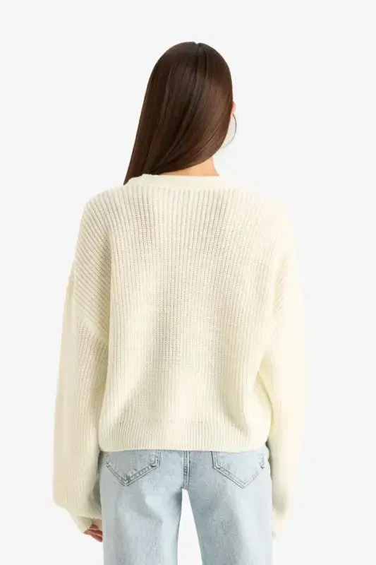 Regular Fit V-Neck Buttoned Knit Cardigan-Ecru - 6