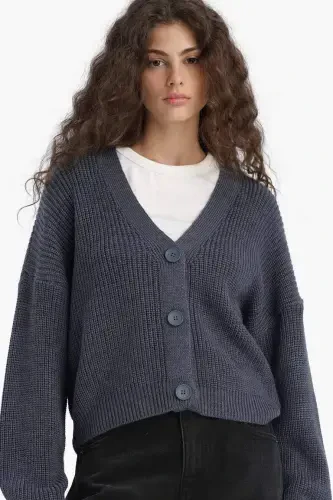 Regular Fit V-Neck Buttoned Knit Cardigan-Indigo 