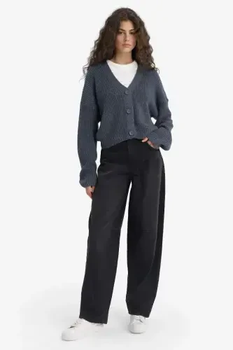 Regular Fit V-Neck Buttoned Knit Cardigan-Indigo - DEFACTO (1)