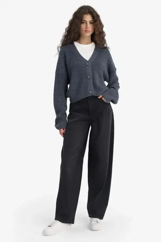 Regular Fit V-Neck Buttoned Knit Cardigan-Indigo - 2