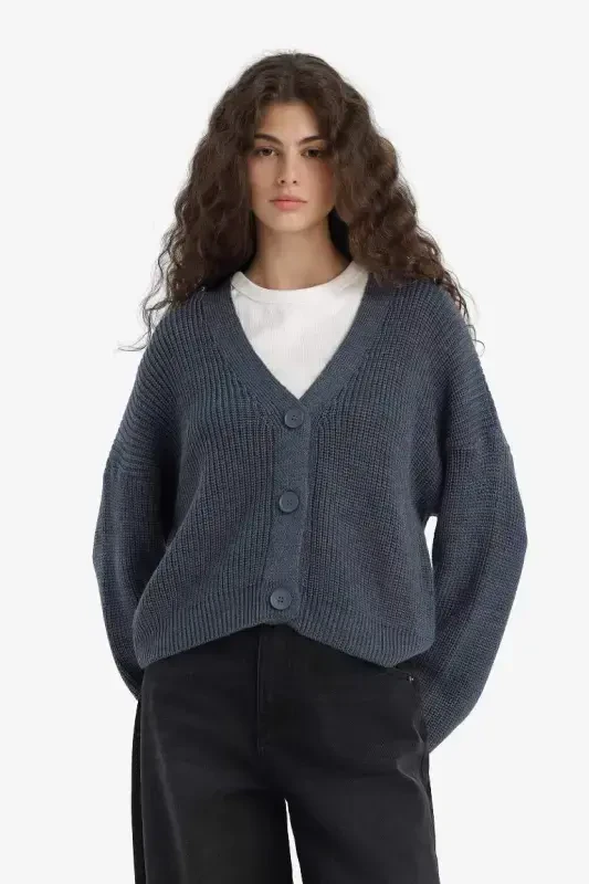 Regular Fit V-Neck Buttoned Knit Cardigan-Indigo - 3