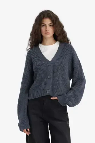 Regular Fit V-Neck Buttoned Knit Cardigan-Indigo - 4