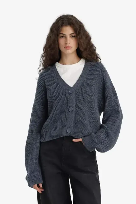 Regular Fit V-Neck Buttoned Knit Cardigan-Indigo - 4