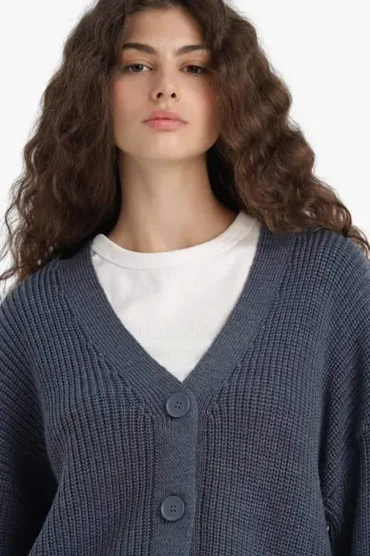 Regular Fit V-Neck Buttoned Knit Cardigan-Indigo - 6