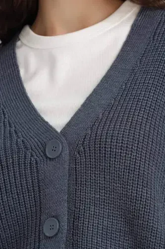 Regular Fit V-Neck Buttoned Knit Cardigan-Indigo - 7