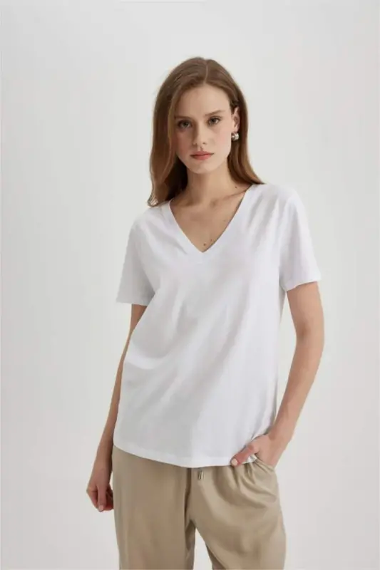 Regular Fit V-Neck Cotton Short Sleeve T-Shirt White - 2